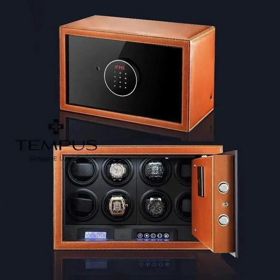 The Tempus 8 Watch Winder Safe by Tempus Luxury Watch Winders features a brown leather finish, fingerprint entry, and display clock. Shown open below, it stylishly stores up to six luxury watches inside.