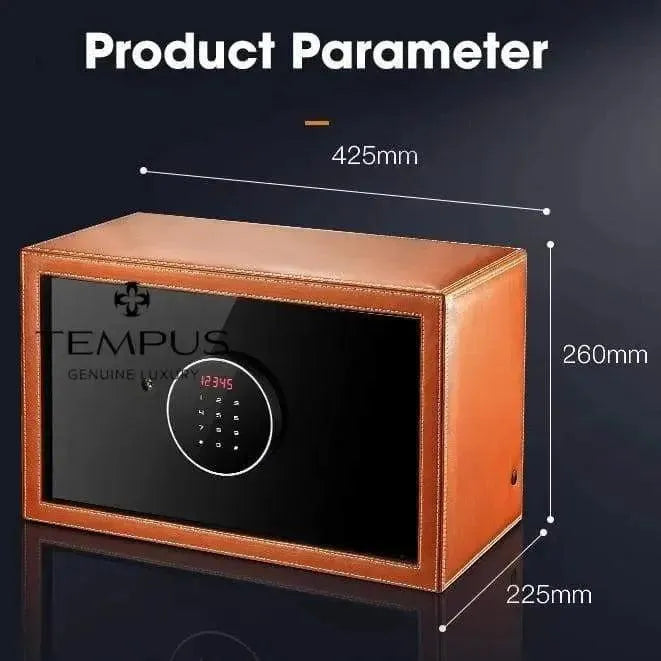 The Tempus Luxury Watch Winders Tempus 8 Watch Winder Safe features a brown leather finish, fingerprint entry, and measures 425mm wide, 260mm high, and 225mm deep.