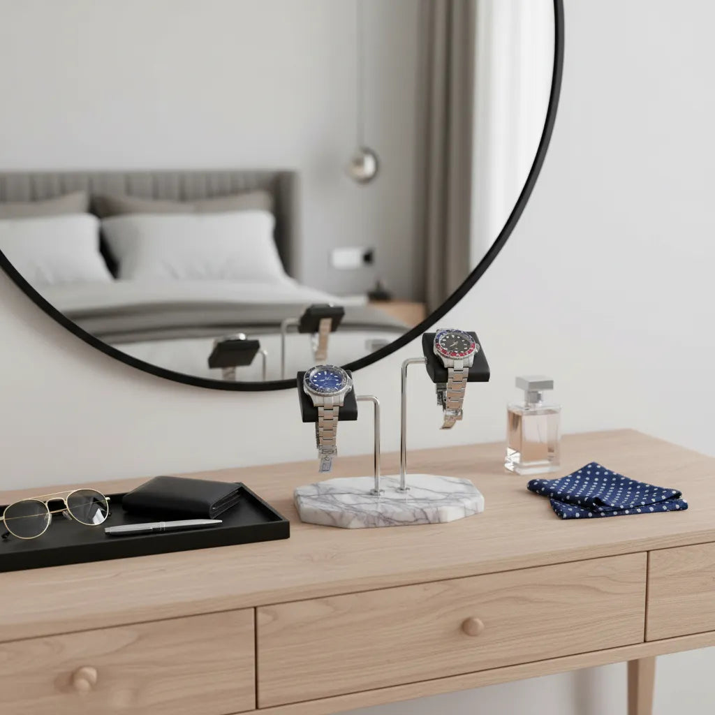 Tempus Double White Marble Watch Stand Dark Violet Veins with Black Leather