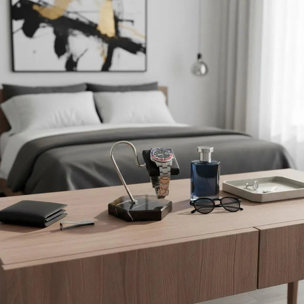 A modern bedroom features a neatly organized wooden desk displaying a luxury gift: the Tempus Watch Stand in Black Marble Brown Veining with Black Leather by Tempus Luxury Watch Winders, along with glasses, wallet, blue perfume bottle, and tray. Gray linens and abstract art are in the background.