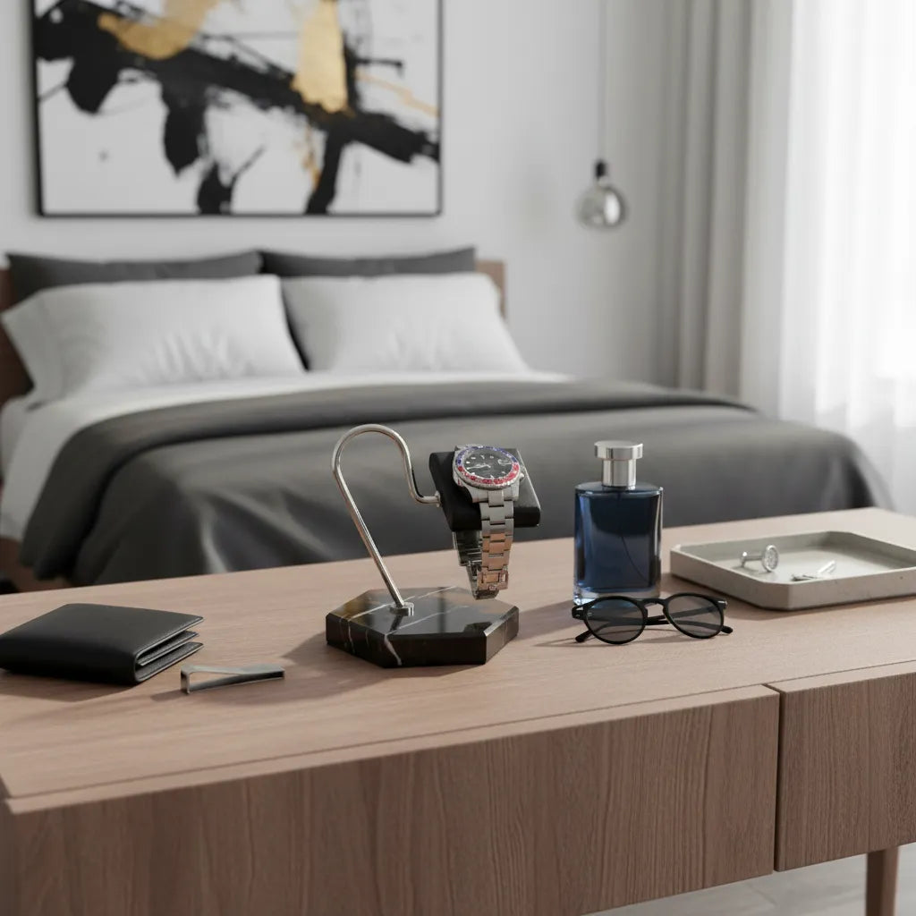 Tempus Watch Stand in Black Marble Brown Veining with Black Leather