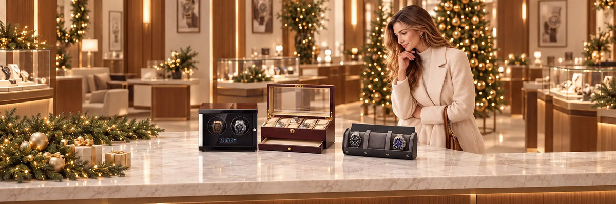 A woman in a beige coat stands behind a marble counter in a warmly lit jewelry boutique, looking at three watch boxes displayed on the counter. The background features decorated Christmas trees and elegant interior details.