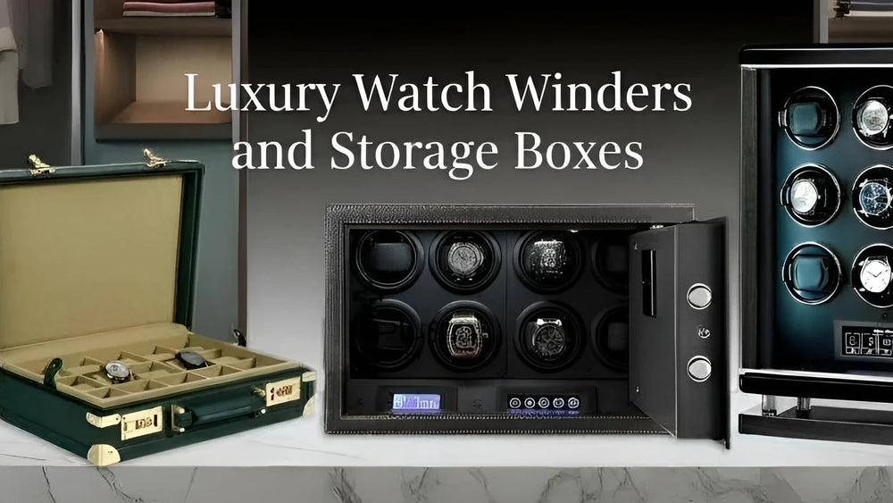 Luxury watch winders and storage boxes on a marble surface with text overlay.