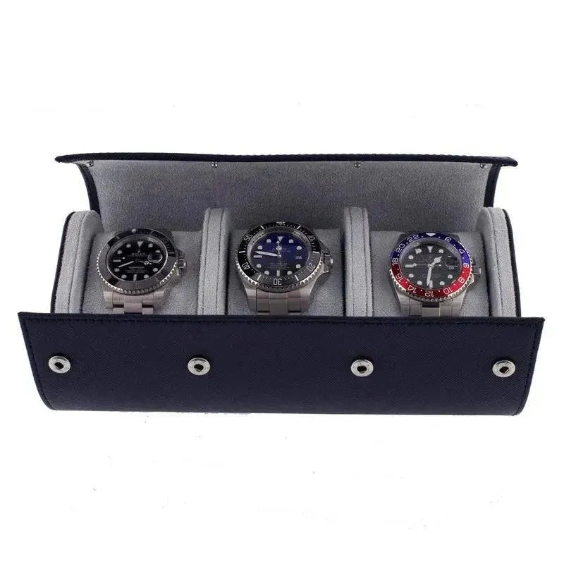 Triple Watch Roll in Navy Blue Saffiano Real Leather with Super Soft Lining