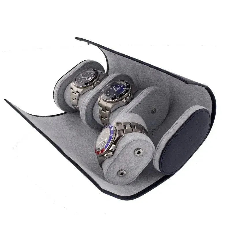 Triple Watch Roll in Navy Blue Saffiano Real Leather with Super Soft Lining