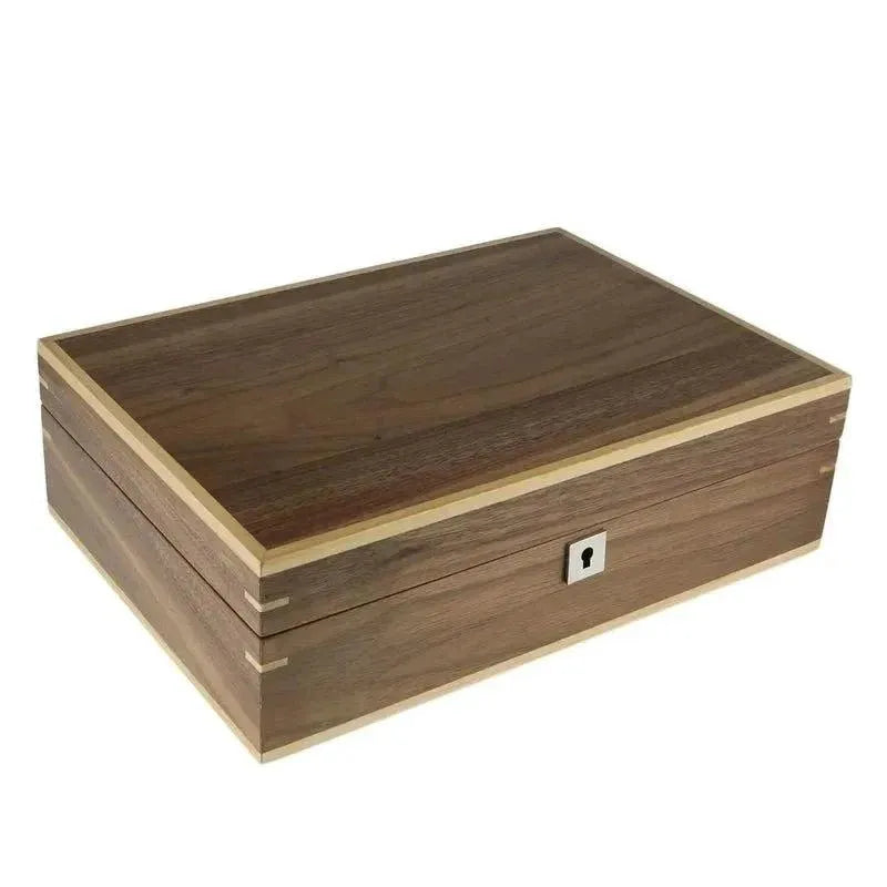 The Aevitas Watch Box Light Walnut Wood Natural Finish holds 10 watches, features light-colored edges and a keyhole front, ideal for collectors. This rectangular box is shown on a white background.