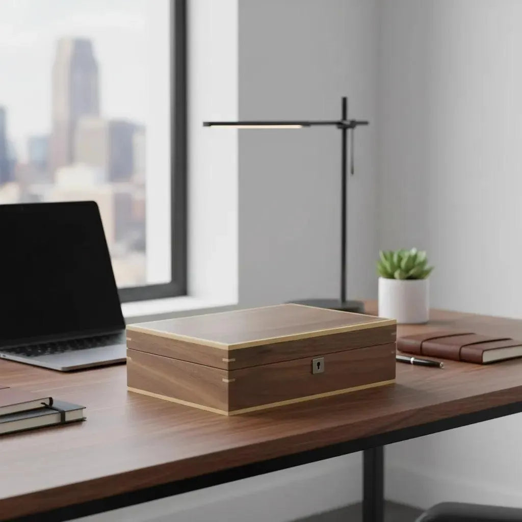 Light walnut wood 10-watch box with natural finish, brass accents, and keyhole on a modern desk.