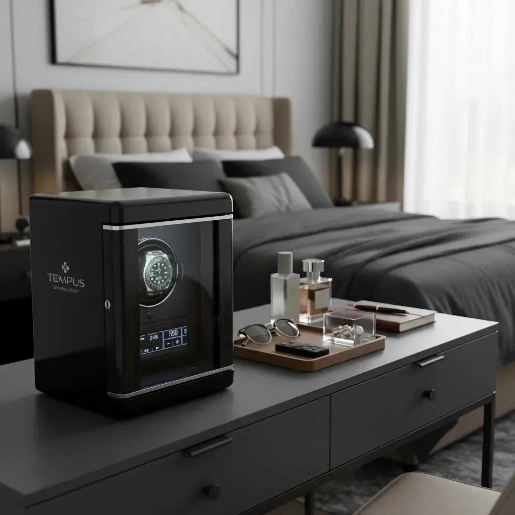 A modern bedroom features a neatly made bed, a Tempus Luxury watch Winders Watch Winder for 1 Automatic Watch with Remote Control displaying an automatic watch, and a dresser tray holding sunglasses, perfume bottles, and a smartphone.