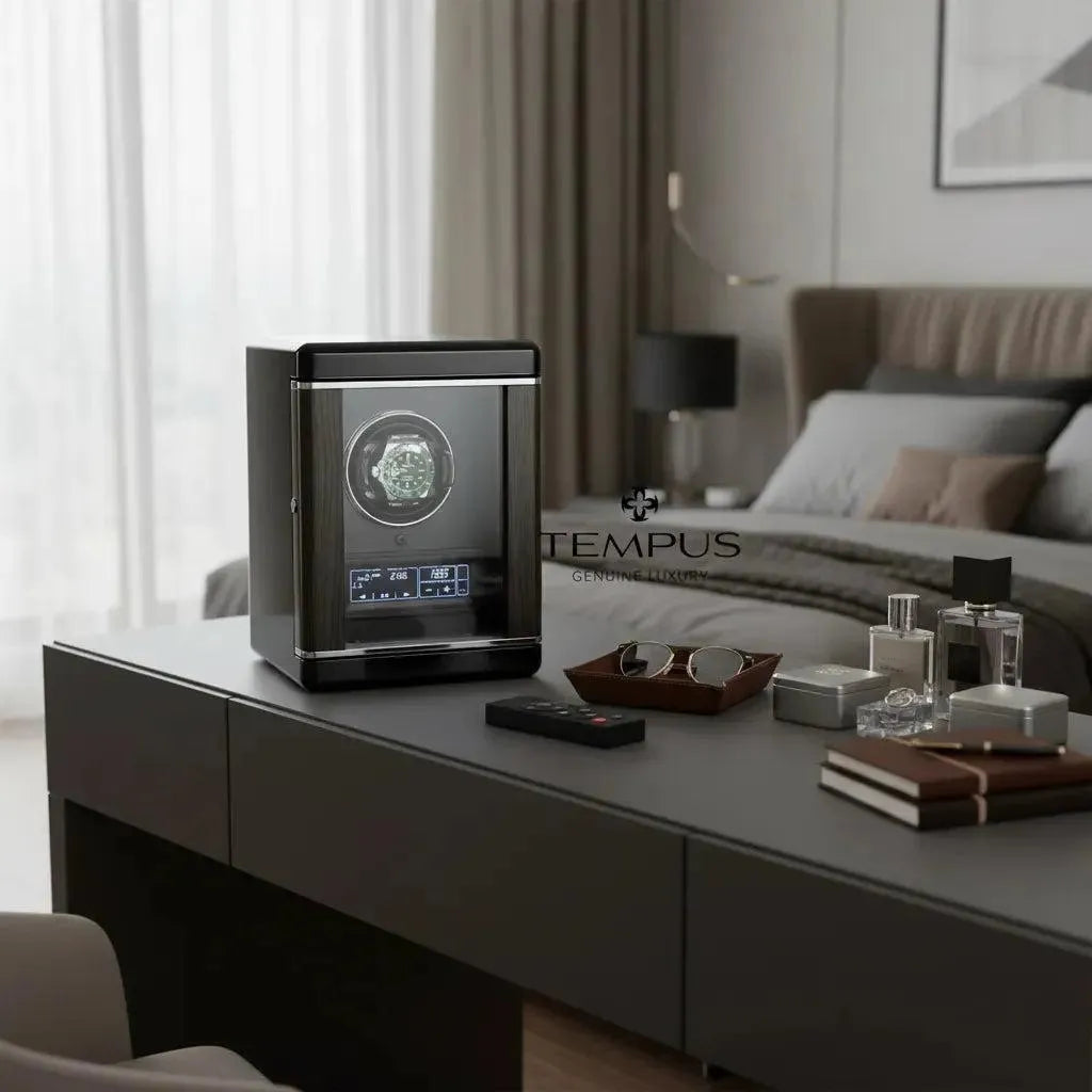 The Tempus Luxury Watch Winder for 1 Automatic Watch with Remote Control sits on a dark dresser in a stylish bedroom, surrounded by watches, sunglasses, cologne, and grooming items. Neutral-colored pillows are visible on the bed in the background.
