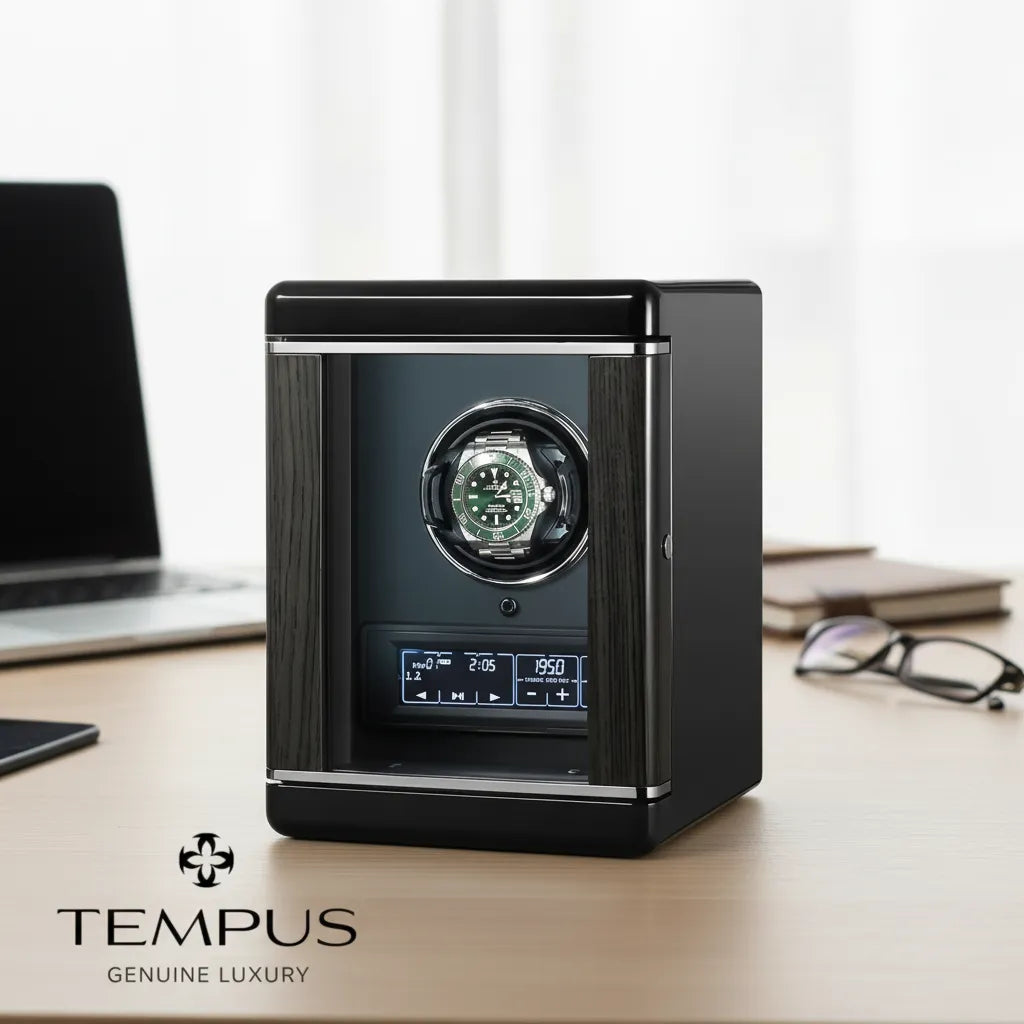 A Tempus Luxury Watch Winders Watch Winder for 1 Automatic Watch with Remote Control sits on a desk near a laptop, glasses, and books, as sunlight streams through the curtains and the TEMPUS Genuine Luxury logo appears in the corner.