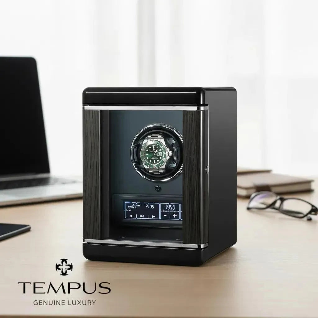 A Tempus Luxury Watch Winders Watch Winder for 1 Automatic Watch with Remote Control sits on a desk near a laptop, glasses, and books, as sunlight streams through the curtains and the TEMPUS Genuine Luxury logo appears in the corner.