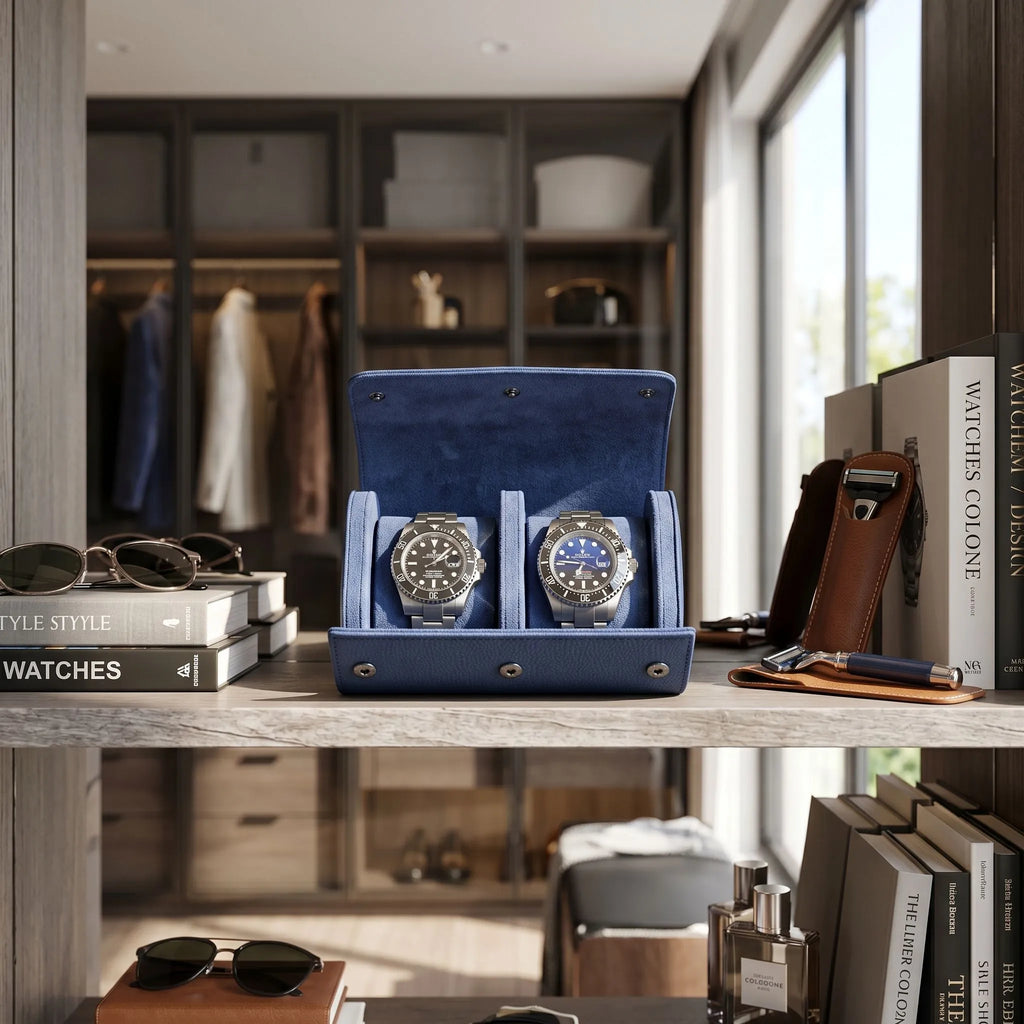 Full view of blue leather watch roll on dressing room shelf, surrounded by accessories like watches and sunglasses in a bright, modern setting.
