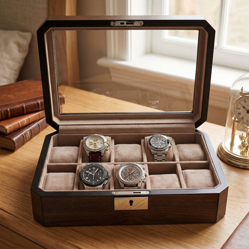 Close-up of a dark walnut veneer watch box showcasing its crystal-clear glass lid and mink-toned interior for watch protection.