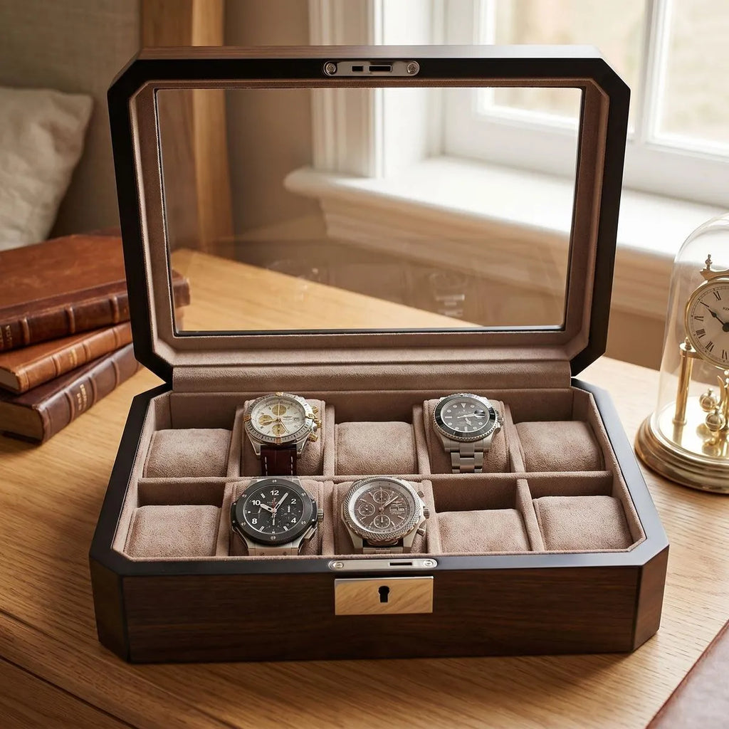 Close-up of a dark walnut veneer watch box showcasing its crystal-clear glass lid and mink-toned interior for watch protection.