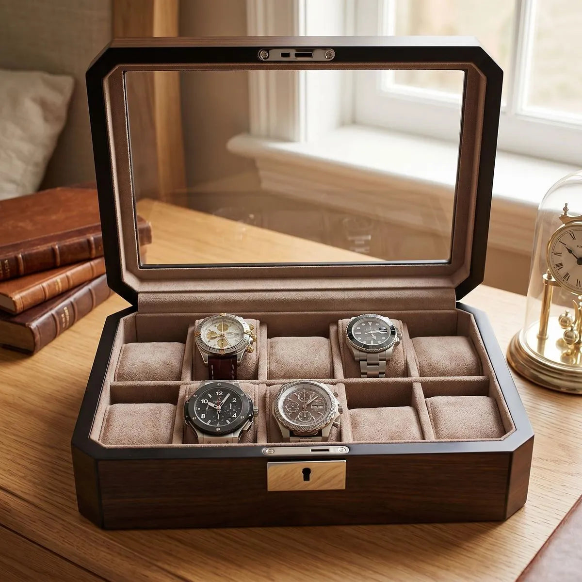 Close-up of a dark walnut veneer watch box showcasing its crystal-clear glass lid and mink-toned interior for watch protection.