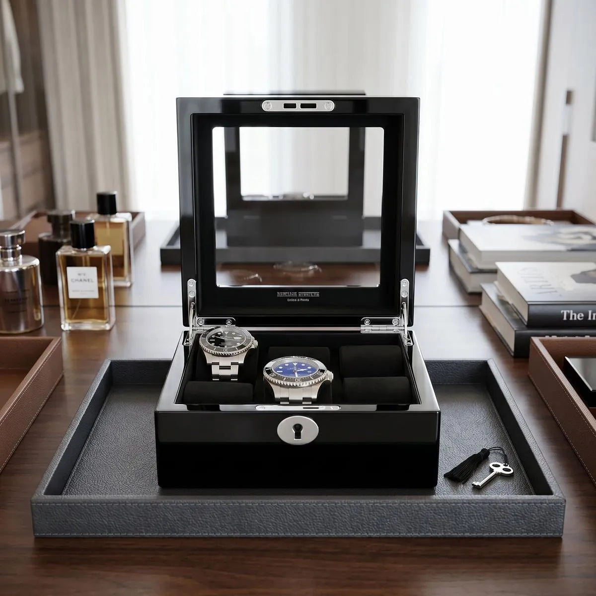 Close-up of the premium 6 watch box showcasing glossy black surface, soft interior, and cushioned slots in a luxurious dressing room.