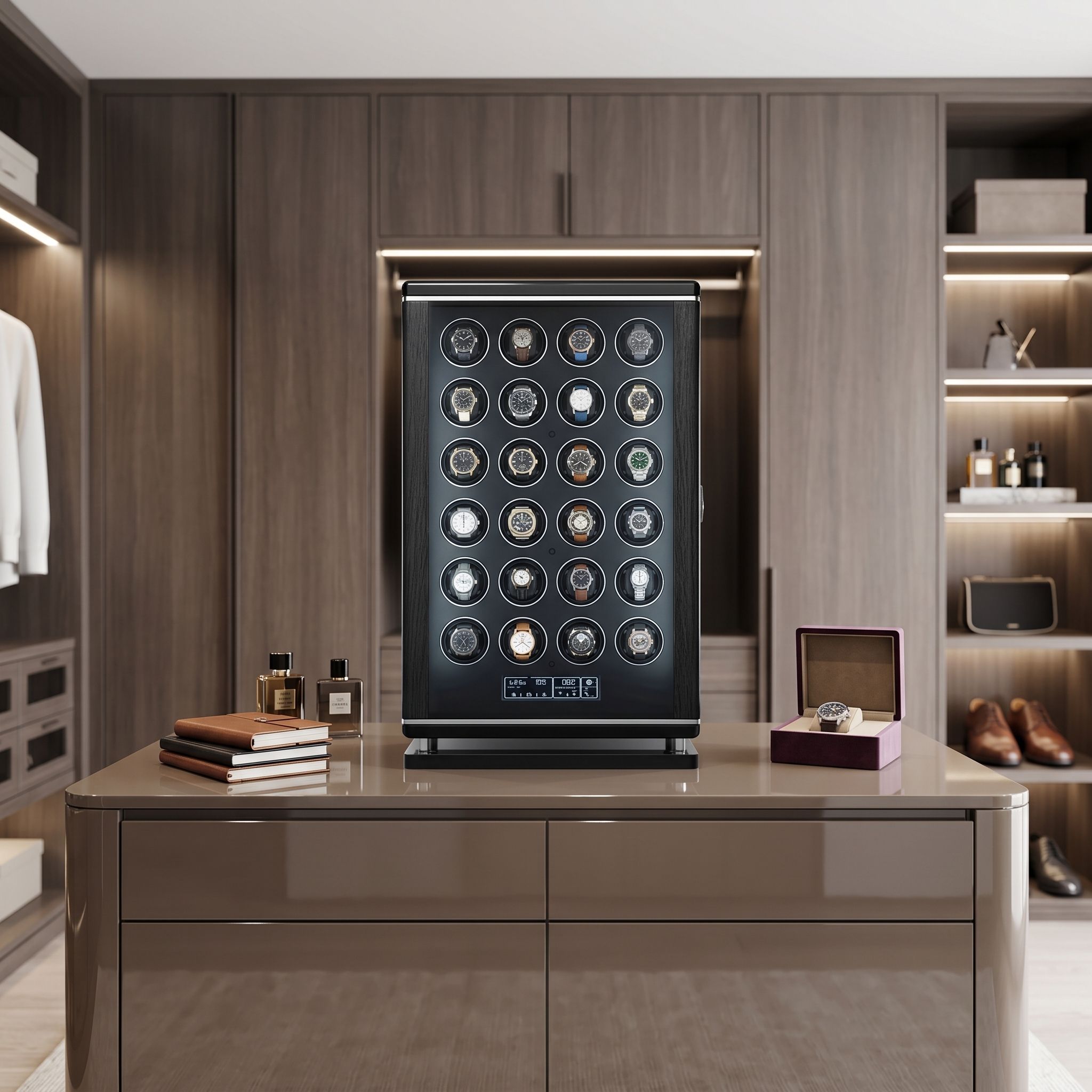 Close-up of Tempus 24 watch winder showing textured finish and biometric lock in soft LED lighting.