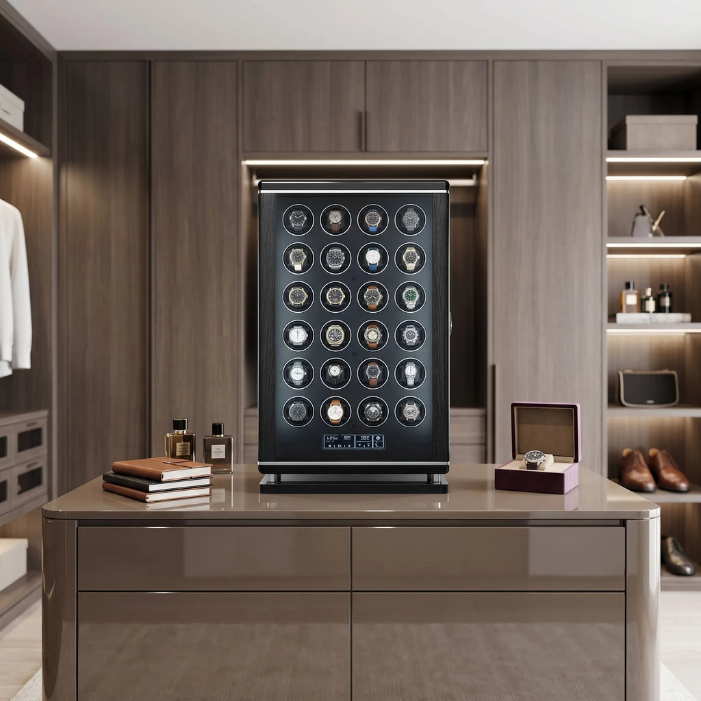 Close-up of Tempus 24 watch winder showing textured finish and biometric lock in soft LED lighting.
