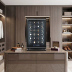 Close-up of Tempus 24 watch winder showing textured finish and biometric lock in soft LED lighting.