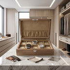 Close-up of a walnut wood watch box with secure watch compartments, illuminated by natural light in a stylish dressing room setting.