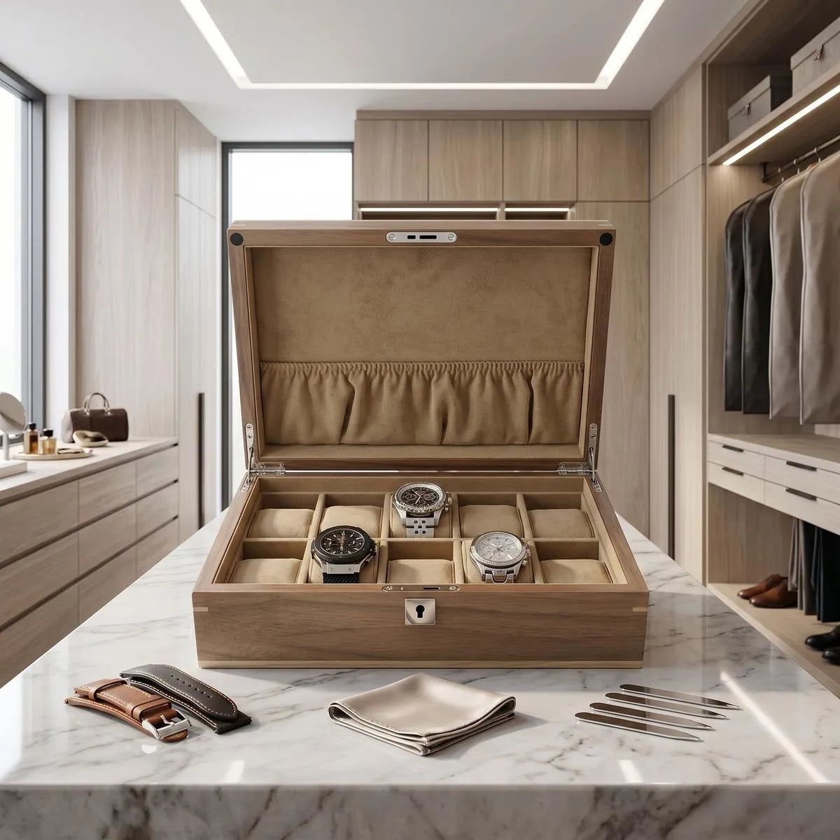 Close-up of a walnut wood watch box with secure watch compartments, illuminated by natural light in a stylish dressing room setting.