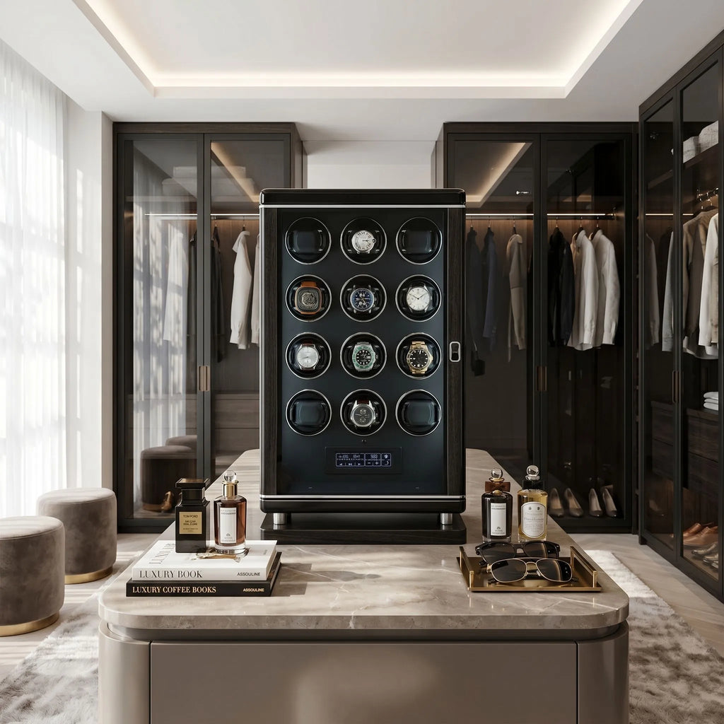 Elegant front shot of Tempus 12 Watch Winder showcasing its design, biometric lock, LED lighting, and luxury environment.