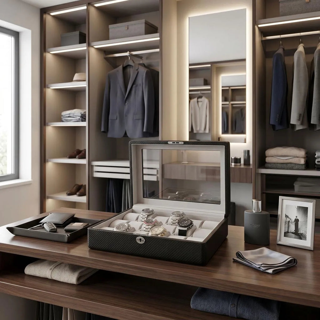 Close-up of a premium 18-watch leather box with visible watch slots in a spacious, stylish dressing room with modern decor.