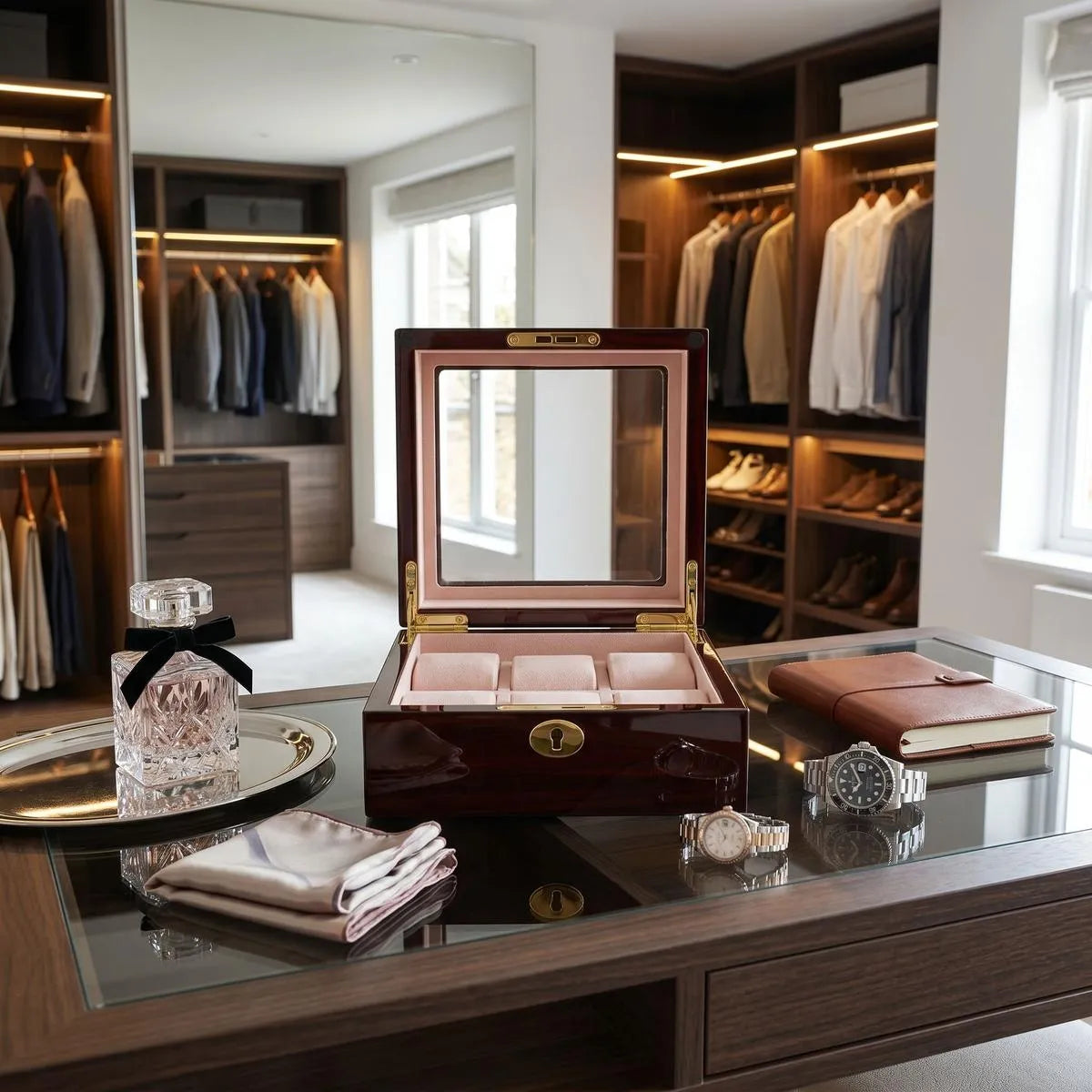 Close-up of cherry wood watch box with refined interior and watches, in an elegant dressing room with luxury props and warm lighting.