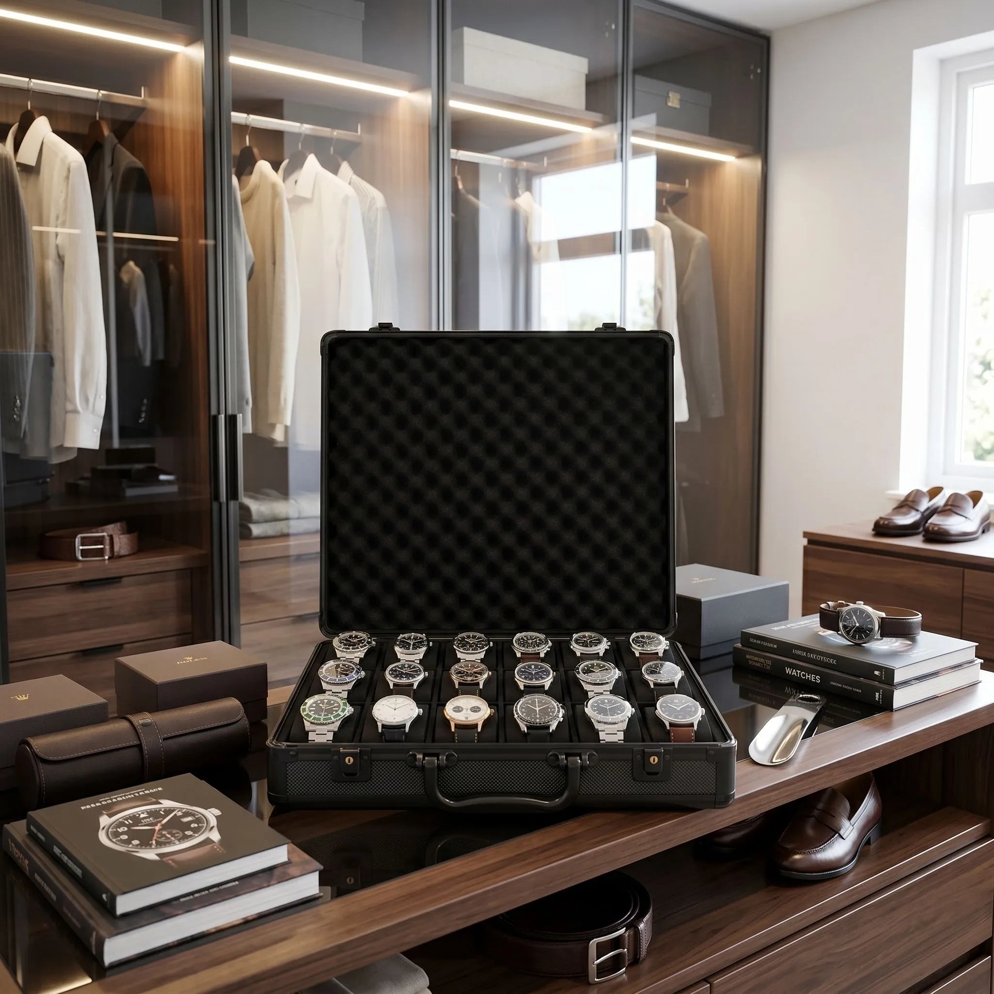 Open black watch briefcase with lift-out tray holding 18 watches, displayed in a modern dressing room with accessories.