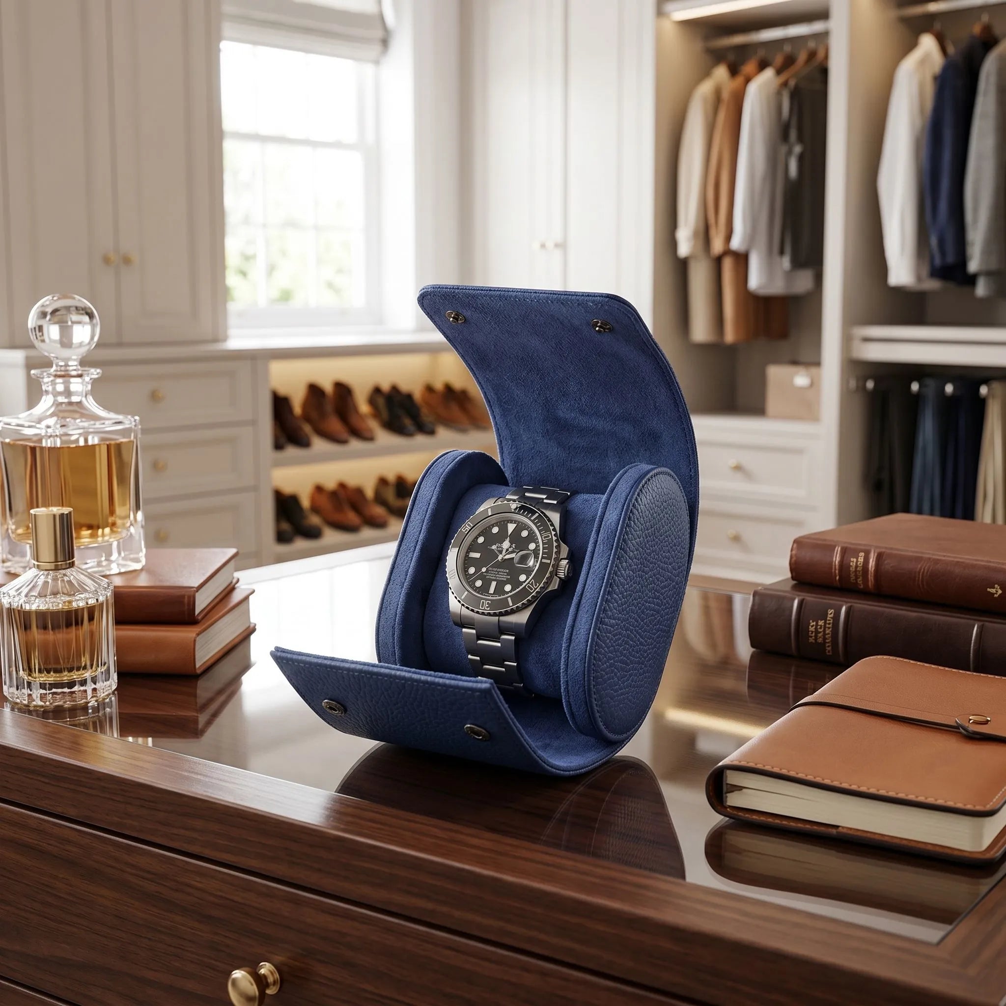 Sophisticated blue leather watch roll with suede interior placed on a wooden surface amid designer accessories in a stylish dressing room.