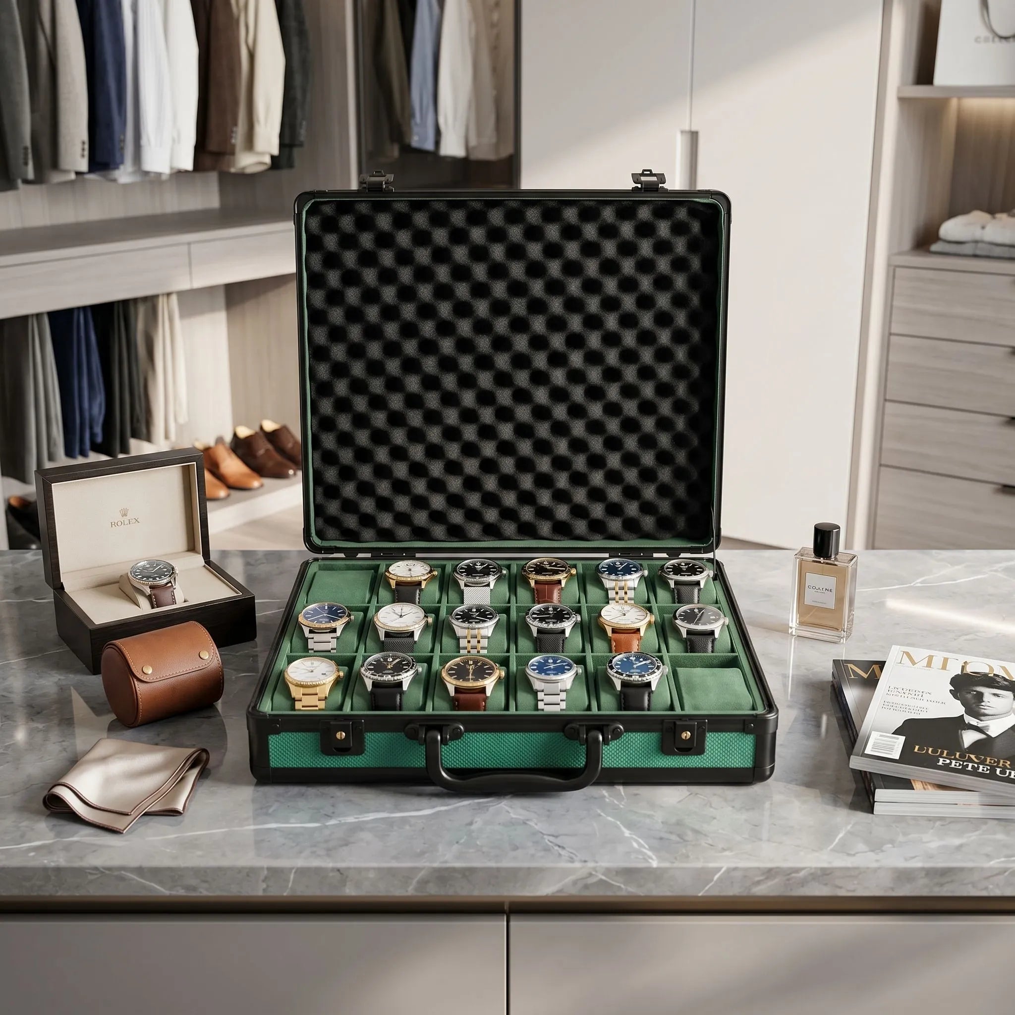 Full-body view of green 18-watch briefcase placed on a dressing table in a bright, modern dressing room environment.