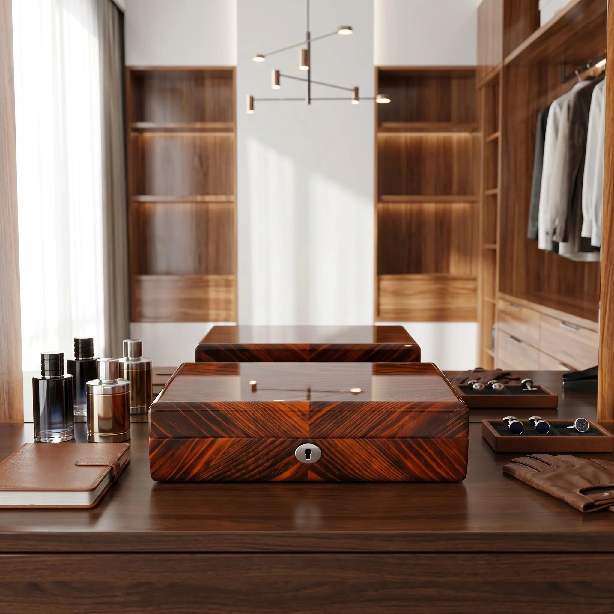Closed tiger striped wood 10 watch box on sleek dressing table in sophisticated dressing room with modern decor and refined lighting.