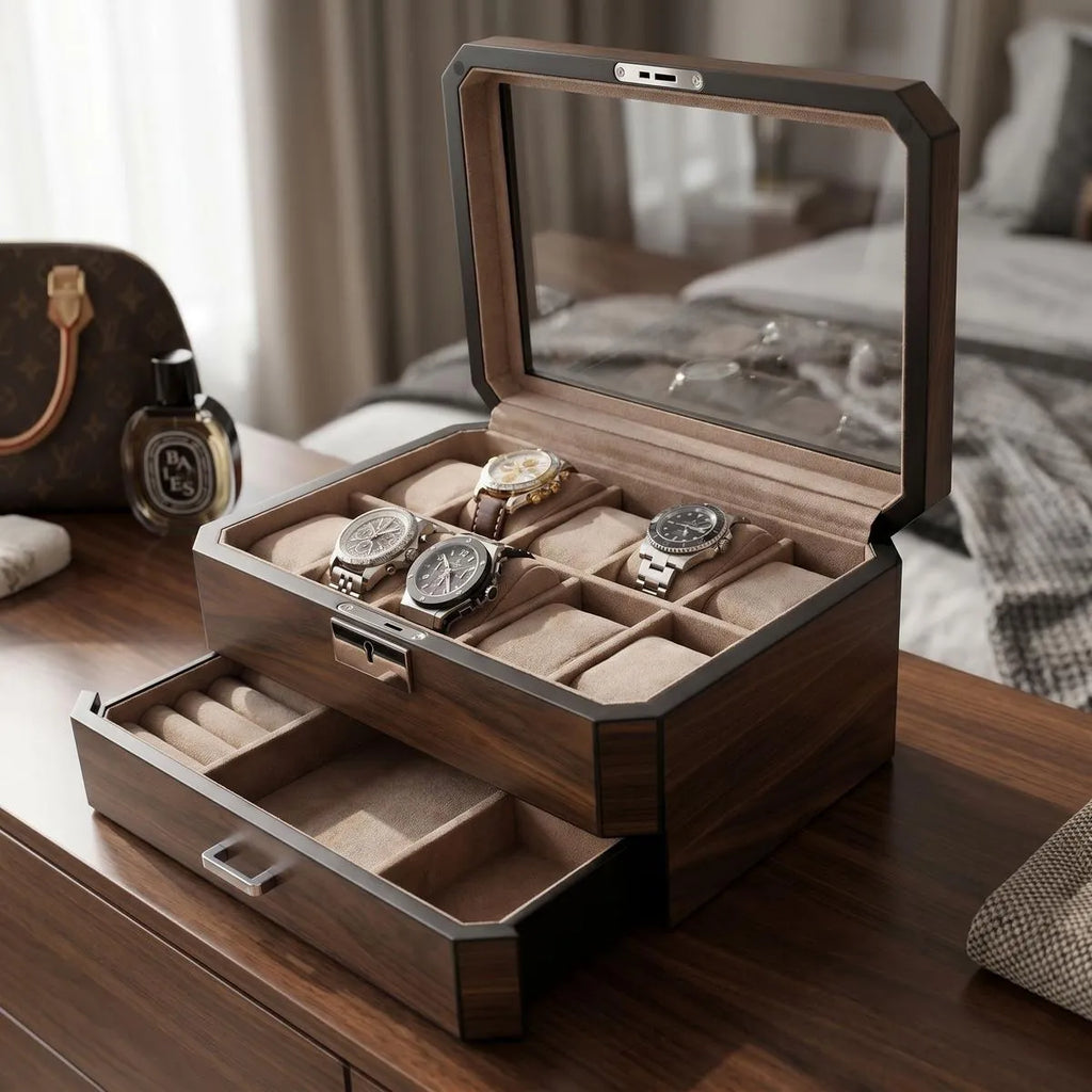 Diagonal view of dark walnut watch box in a bedroom, reflecting soft daylight with blurred luxury accessories in background.