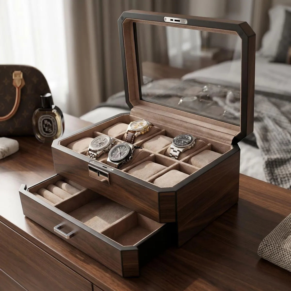 Diagonal view of dark walnut watch box in a bedroom, reflecting soft daylight with blurred luxury accessories in background.