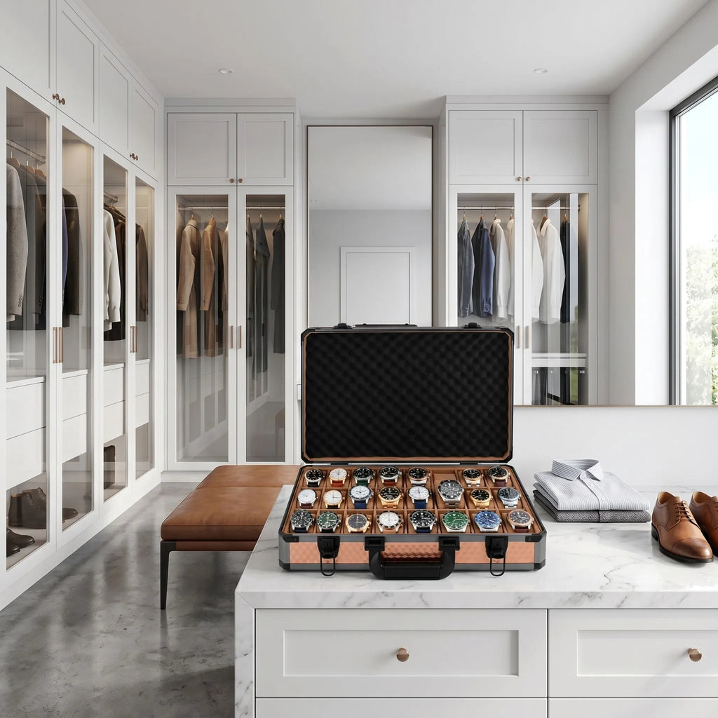 Elevated shot of an open rose gold 24-watch briefcase in a contemporary dressing room with detailed interior and props.