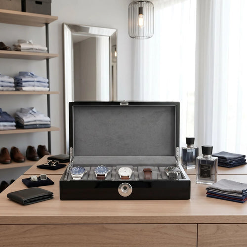 Slightly elevated view of the Tempus 10 watch box highlighting biometric lock and interior in a bright luxurious dressing environment.