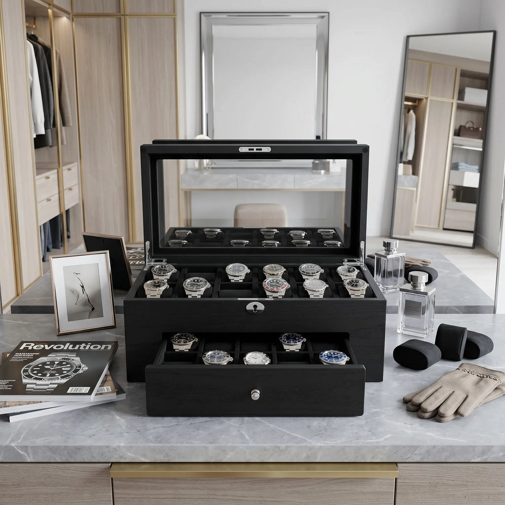 Front view of black oak veneer watch box with drawer and cushioned slots, set in a bright luxurious dressing room environment.