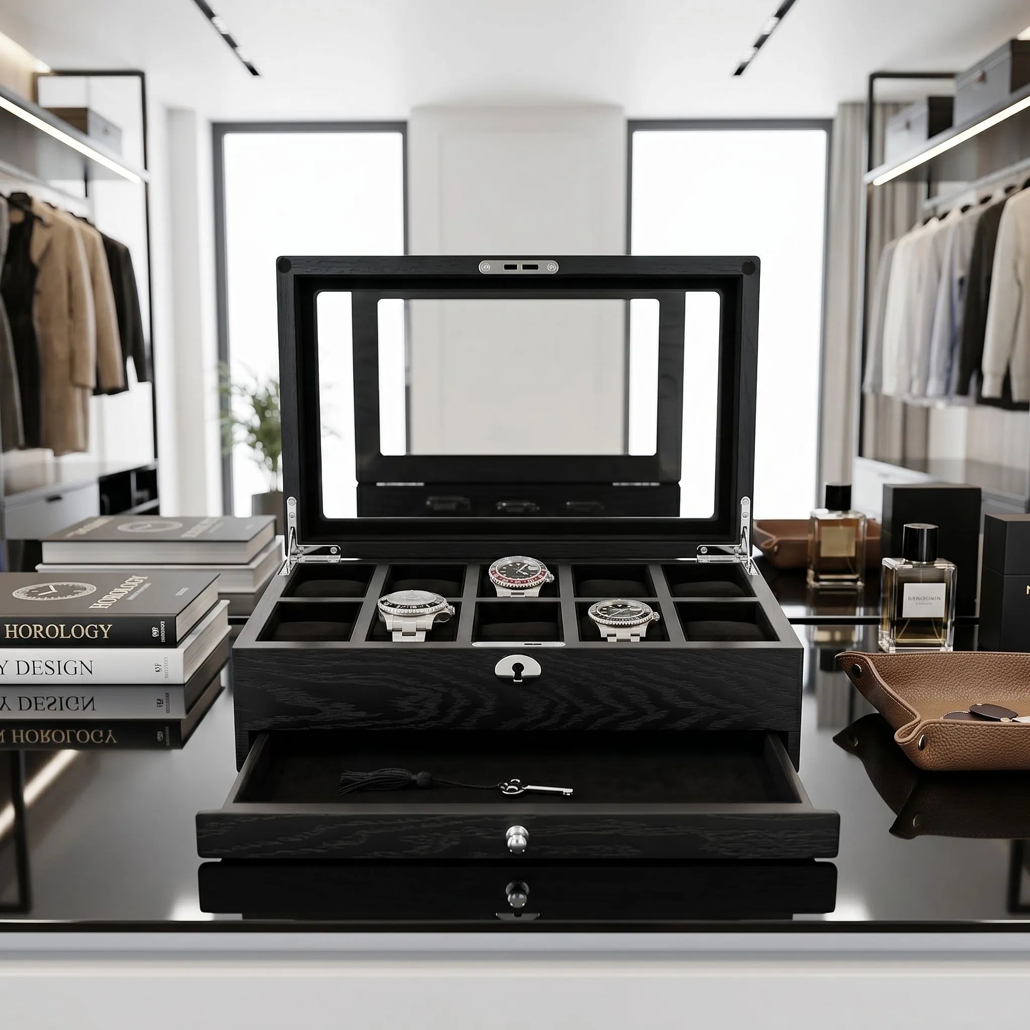 Detailed front view of the 10 Watch Box in a modern dressing room, showcasing its textured oak veneer, padded compartments, and additional storage drawer.