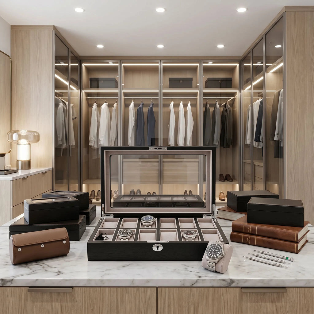 Front view of a black oak veneer 12-watch box with soft suede interior, placed on a polished marble countertop with watches and tools in a lavish dressing room.