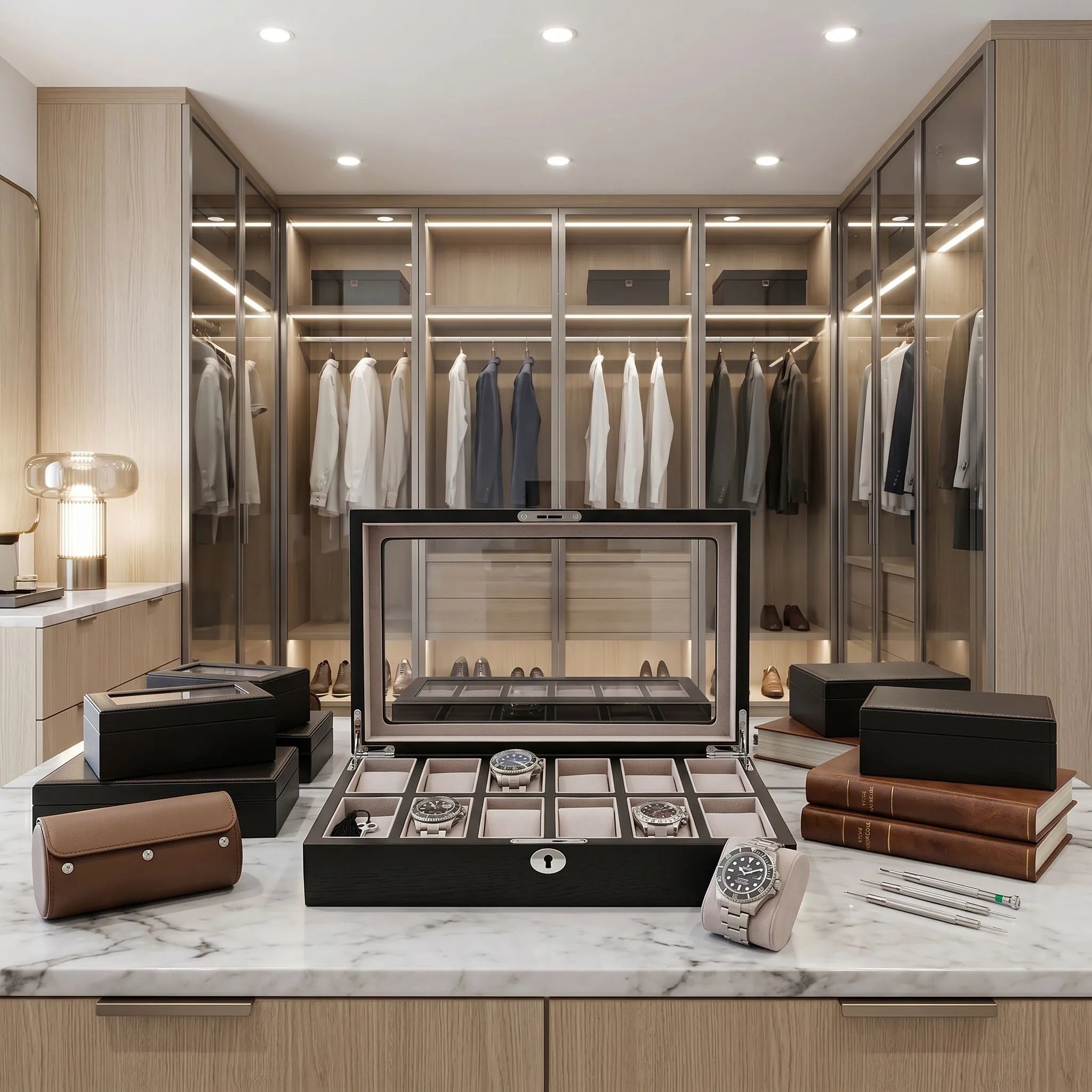 Front view of a black oak veneer 12-watch box with soft suede interior, placed on a polished marble countertop with watches and tools in a lavish dressing room.