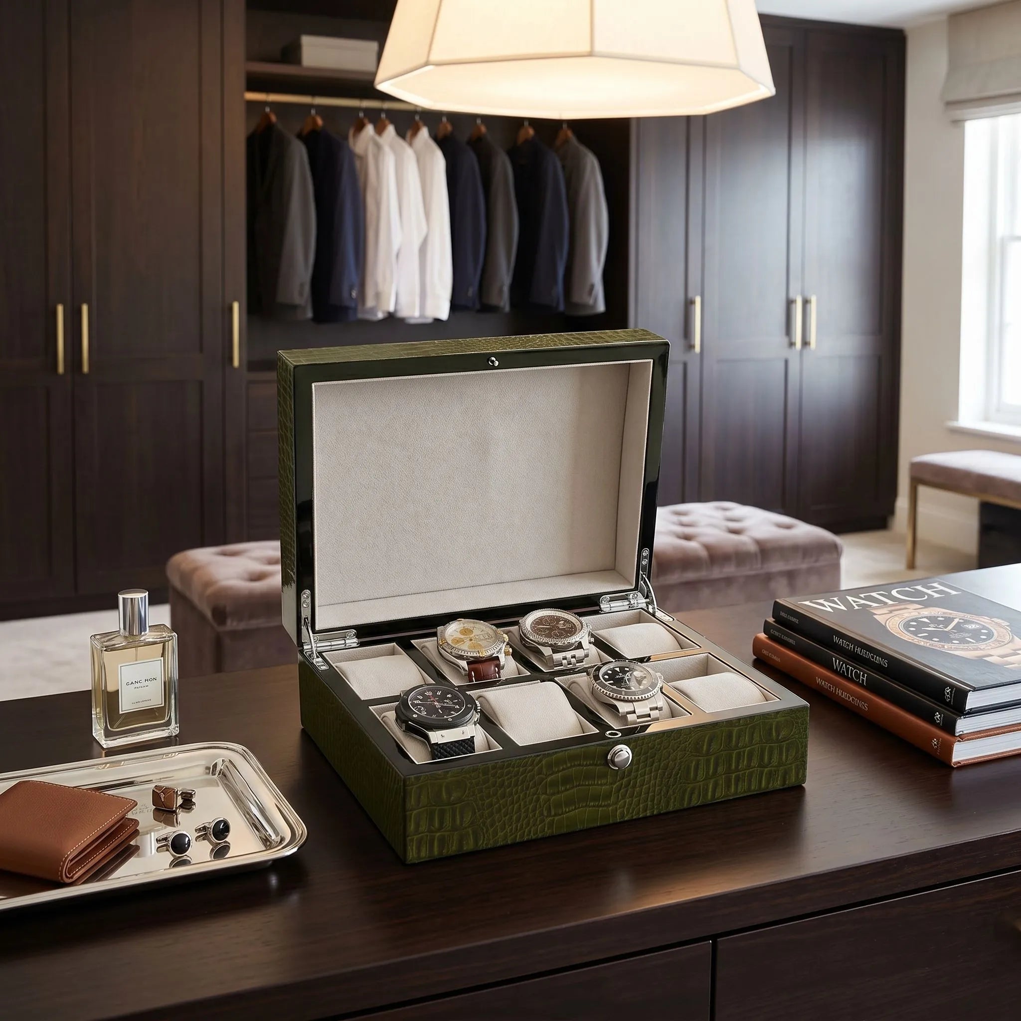 Full front view of sleek green crocodile print watch box in luxurious dressing room, showcasing compact design and high-gloss finish.