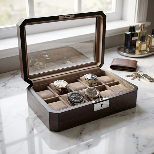 Full view of a dark walnut watch box on a marble surface, emphasizing its refined design and spacious compartments in a luxurious setting.