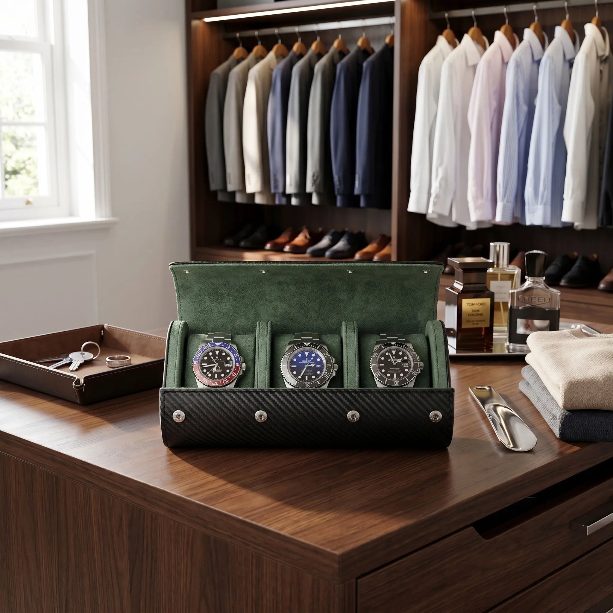 Full-body shot of watch roll on a plush dressing room bench with accessories, highlighting its carbon fibre finish and green interior in a modern luxurious setting.