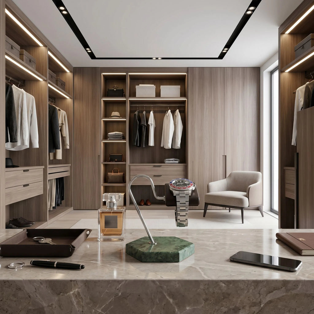 Full-body shot of a black leather and metal watch stand with green marble base in a stylish walk-in dressing room.