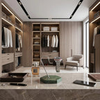 Full-body shot of a black leather and metal watch stand with green marble base in a stylish walk-in dressing room.