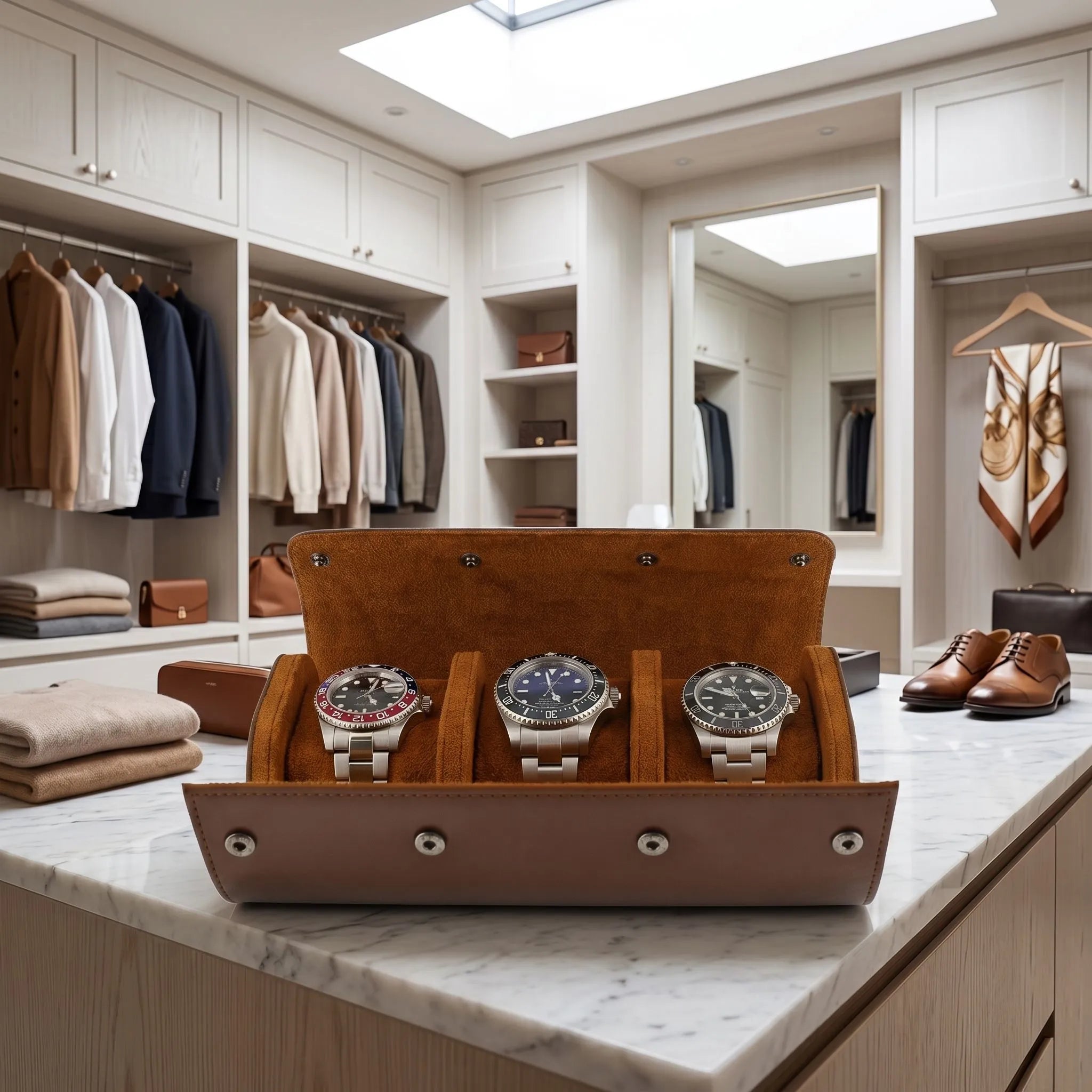 Full-body view of a brown vegan leather watch roll on a marble countertop in a stylish dressing room with a clothing rack and mirror.