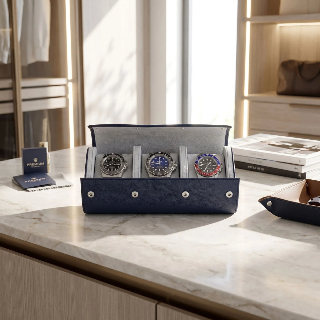 Full-body view of navy blue saffiano leather watch roll with interior lining, displayed in an elegant dressing room with natural lighting and props.