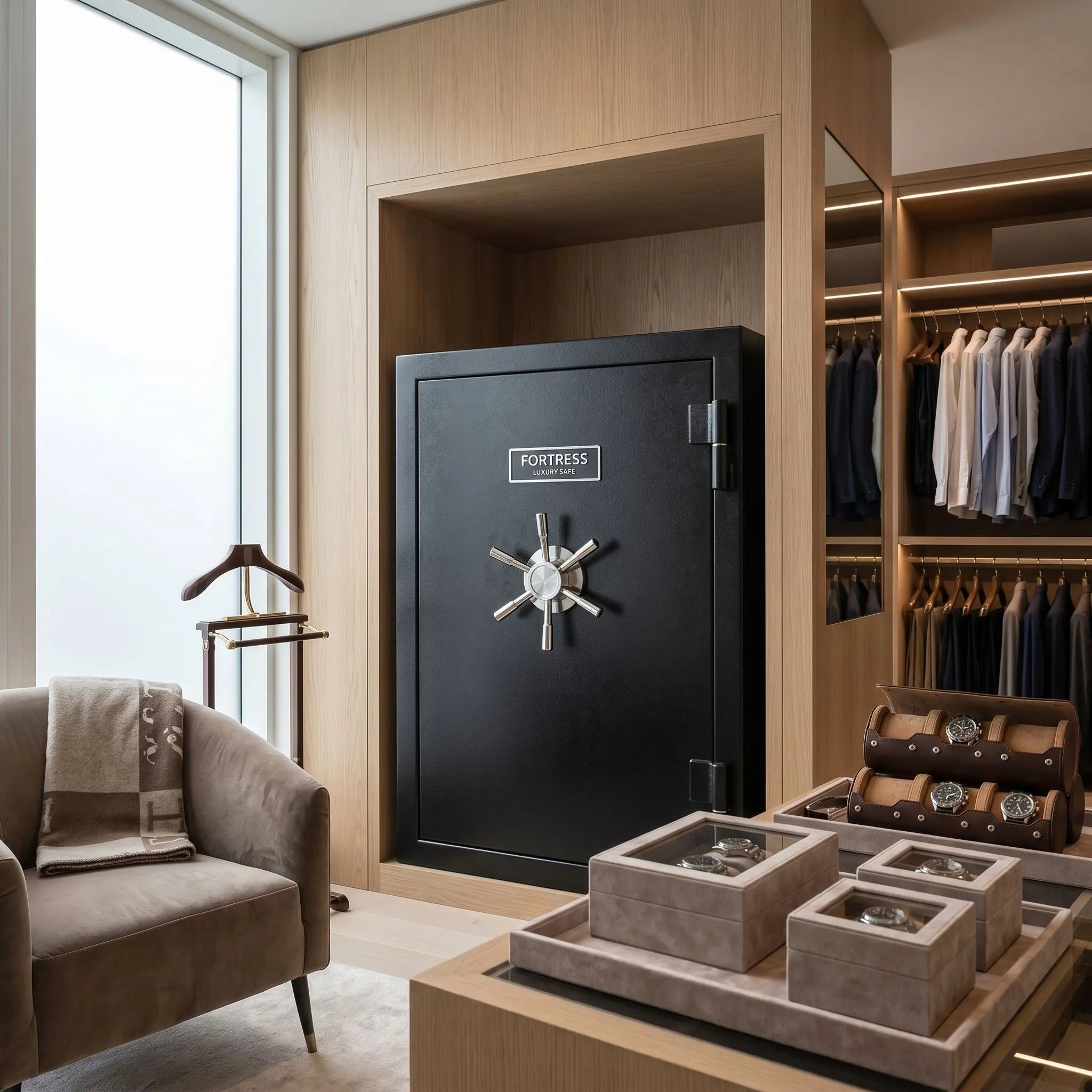 Full-body shot of a securely installed luxury watch winder safe in a stylish dressing room with props and elegant decor.