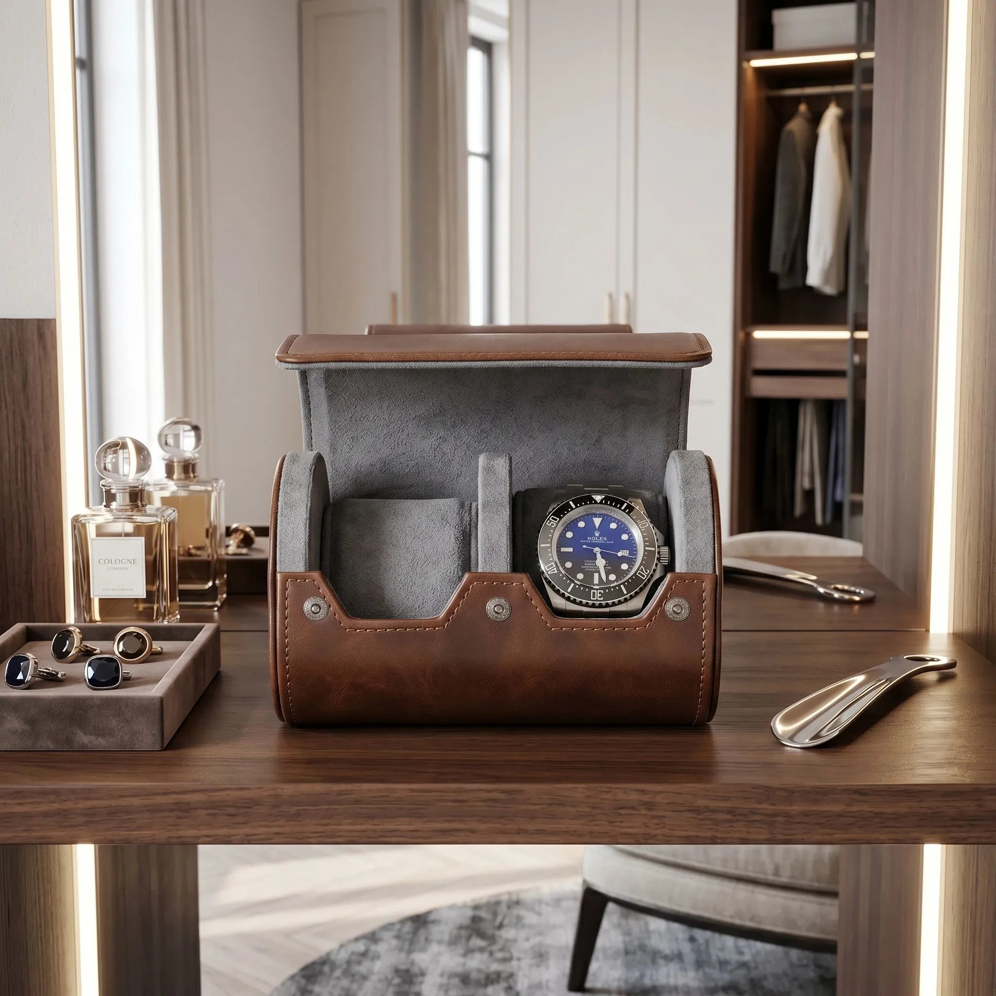 Large view of vintage brown leather watch roll on modern dressing room vanity, highlighting its compact size and elegant environment.