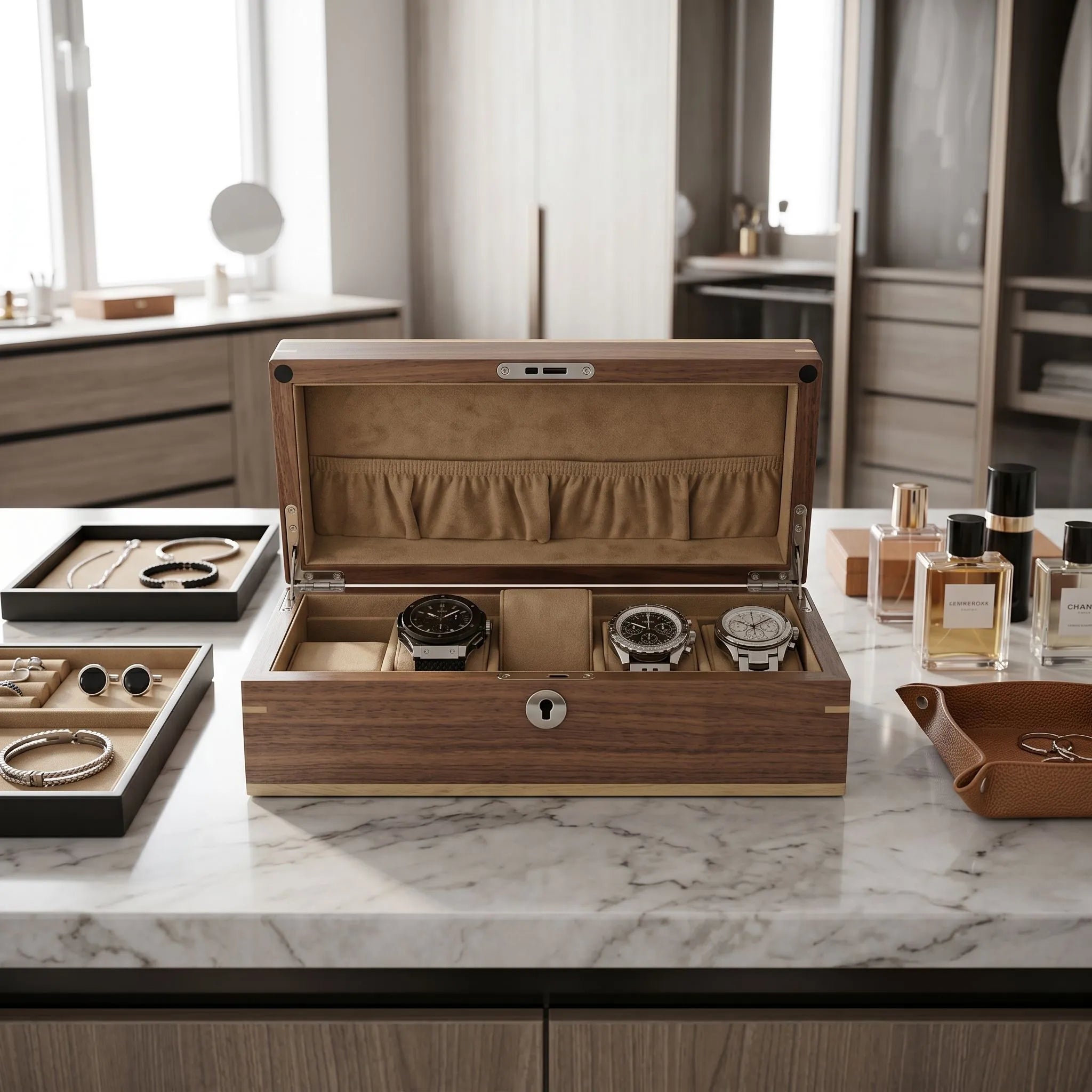 Frontal view of light walnut wood watch box with watches in compartments on polished surface in elegant dressing room.